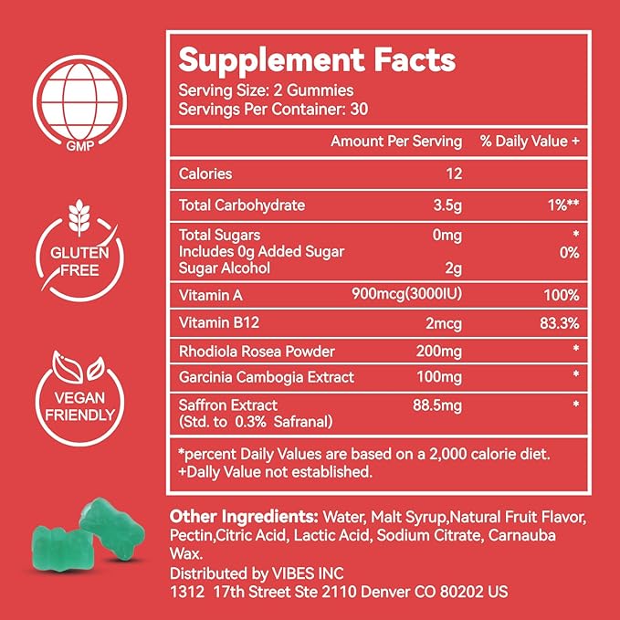 Saffron Supplements Gummies, Saffron Extract for Positive Mood & Calm Nerve, Boost Energy, with Garcinia Cambogia, Vitamin A, B12, Rhodiola Rosea - 120 Gummies