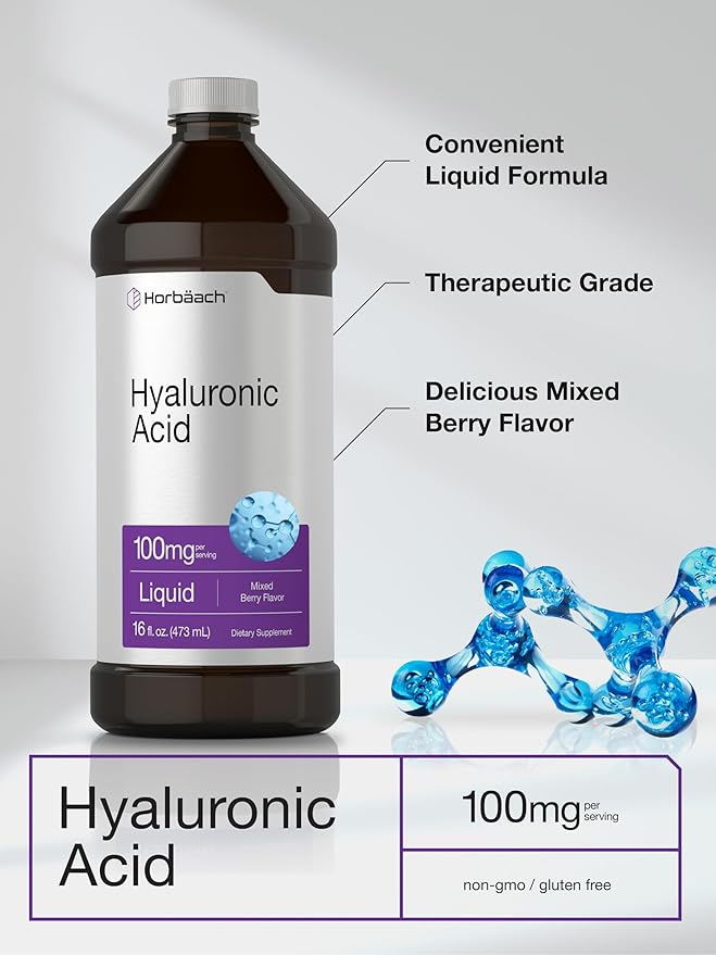 Horbäach Liquid Hyaluronic Acid Supplement | 100 mg | 16 oz | Mixed Berry Flavor | Non-GMO and Gluten Free Formula