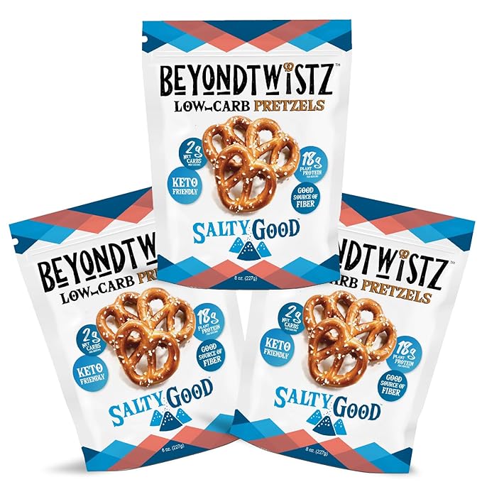 BeyondTwistz Low Carb Pretzels, Salty Good, Keto Friendly, 2g Net Carbs, 18g Protein, Powered By HealthSense® High Fiber Wheat Flour, Family Size 8oz Bag, Pack of 3