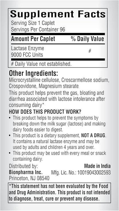 A+Health Dairy Relief Lactase Enzyme 96 Count, 9000 FCC Caplets, Fast Acting, Dye-Free, Dietary Supplement, Helps Prevent Gas, Bloating, Diarrhea Associated with Lactose Intolerance