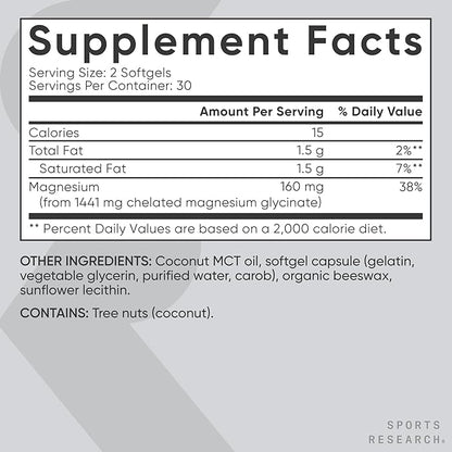 Sports Research® Magnesium Glycinate - Supports Restful Sleep & Enzymatic Processes - 160 mg Chelated Magnesium - Liquid Softgel - 60 Count
