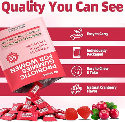 Women Probiotic Gummies - Viginal Probiotics for Women, Feminine pH Balance Supplement, Prebiotic Chewable Gummy, for Vaginal Health, Yeast Balance, Immune Defense, Healthy Odor, Cranberry, 60 Count