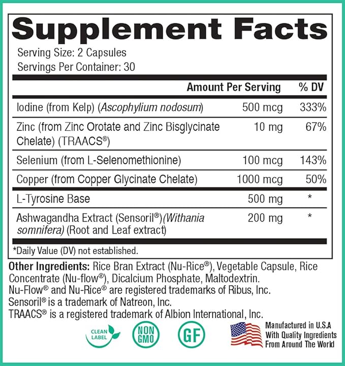 Thyroid Support by Peak Pure & Natural | Thyroid Supplement and Metabolism Booster to Support Weight Maintenance | Iodine Supplement Designed for Underactive Thyroid | 60 Capsules