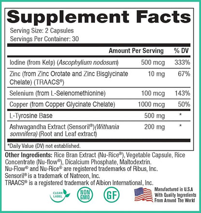Thyroid Support by Peak Pure & Natural | Thyroid Supplement and Metabolism Booster to Support Weight Maintenance | Iodine Supplement Designed for Underactive Thyroid | 60 Capsules