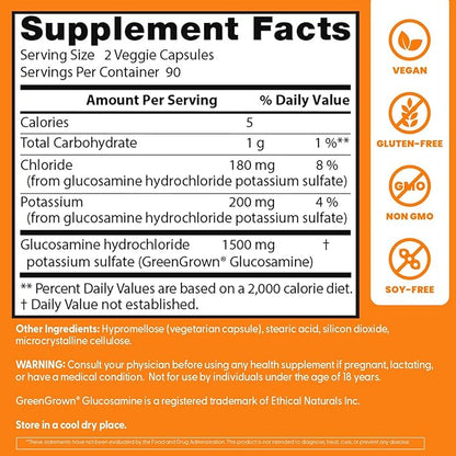 Doctor's Best Vegan Glucosamine Supplement for Men & Women - Glucosamine 1500mg Per 2 Capsules, Joint Health Support for Adults, Gluten Free, Non GMO, Vegetarian/Vegan - 180 Veg Caps