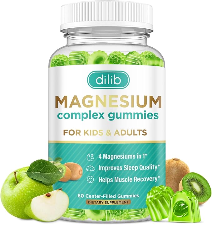Magnesium Complex Gummies for Kids & Adults- Magnesium Glycinate, Taurate, Citrate, Malate Supplement-Support Calm Stress Relief, Bone, Muscle, Mood Vegan, Green Apple & Kiwi Flavor, 60 Gummies