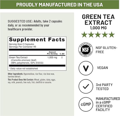 NatureWise Green Tea Extract Capsules 1000 mg - 50% EGCG & 98% Polyphenols - Extra Strength Green Tea Pills - Antioxidants for Heart Health & Energy - Vegan, Non-GMO - 90 Count[45-Day Supply]