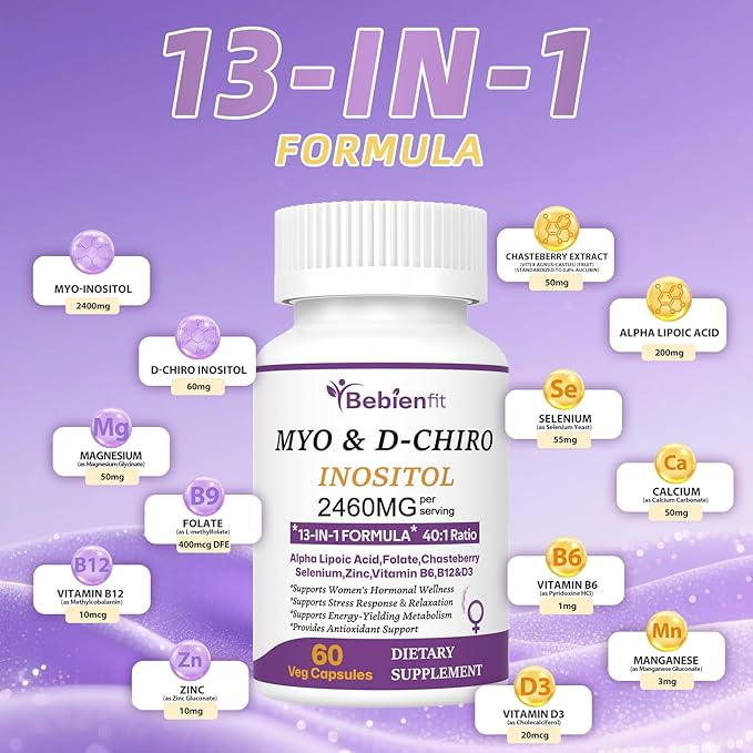 13-in-1 Myo Inositol & D-Chiro Inositol for Women,2460mg-40:1 Ratio Supplement Plus Alpha Lipoic Acid/Folate/Vitex/Magnesium,60 Vegan Capsules
