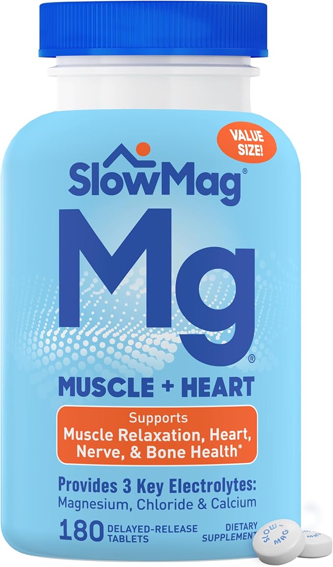 SlowMag Muscle & Heart Magnesium Chloride Supplement with Calcium, 180 Count, Supports Muscle Relaxation, Heart, Nerve & Bone Health, High Absorption