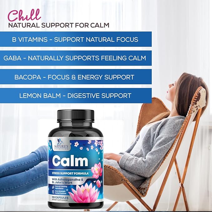 Stress Support Supplement - Extra Strength Ashwagandha, GABA, Magnesium, L-Theanine for Relief - Supports Mood & Focus - Naturally Calm, Unwind & Relax - Eases Tension & Nervousness - 120 Capsules
