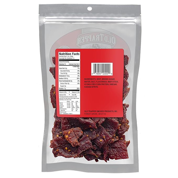 Old Trapper Beef Jerky, Hot & Spicy 8 Ounce Individual Pack, Tender and Spicy Meat Snacks for Lunches or Between Meals, 11 Grams of Protein and 70 Calories per Serving (Pack of One)