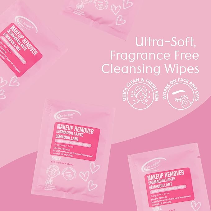 Air Jungles Makeup Remover Wipes Singles Wrapped 30 Pack, 750 Singles, Extra Large 6" x 8", Fragrance-Free, Removes Makeup and Oil, Ultra Soft Cleansing Wipes, Alcohol Free