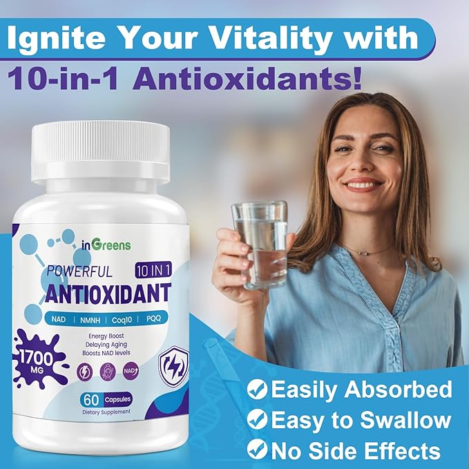 10-in-1 Antioxidants Supplement, 1700MG Super Antioxidant for Women and Men, Powerful Antioxidants with NAD, NMNH,Coq10, Resveratrol, Cell Repair & Reducing Free Radical Damage, 60 Capsules