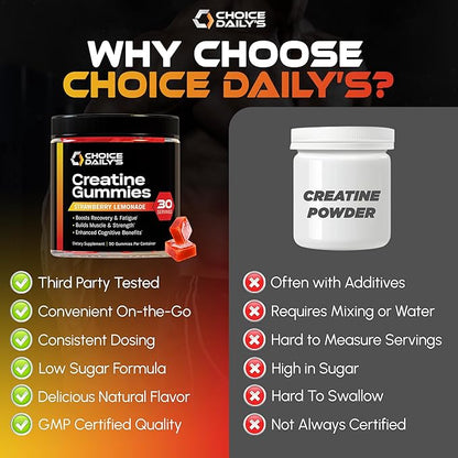 Creatine Gummies - 90 Vegan Friendly Chews - USA Made - Boosts Recovery - Builds Muscle - Enhanced Cognitive Benefits (Large, Strawberry Lemonade)