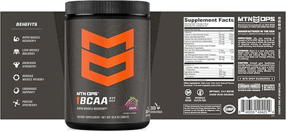 MTN OPS BCAA Powder 2:1:1 Amino Acids Supplement Powder for Rapid Muscle Recovery & Repair with Zero Sugar & Gluten Free - 30 Servings, Grape