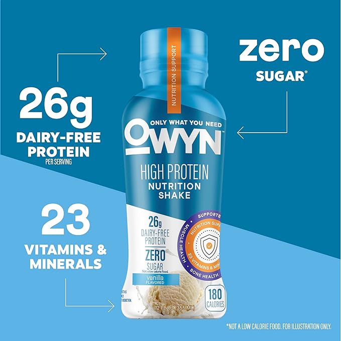 OWYN Only What You Need High Protein Shake, Vanilla Flavored, 26g Protein, 0g Sugar, 3g Fiber, Dairy Free, Plant Based Protein Drink, 12 Count