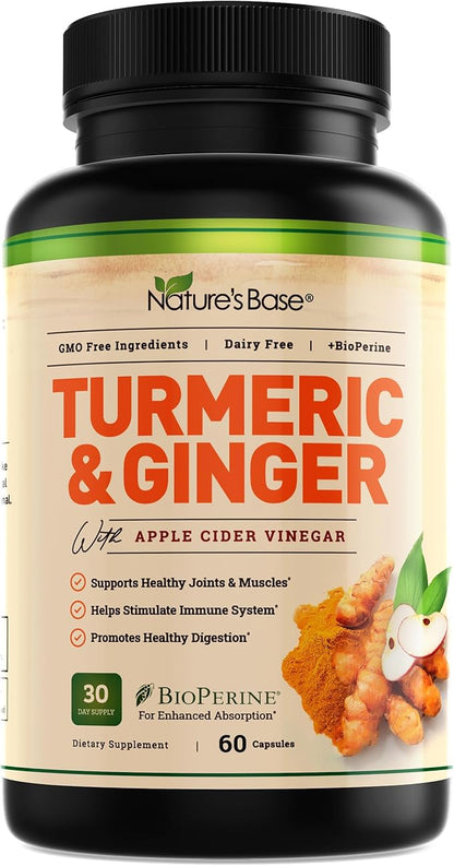 Nature's Base Turmeric and Ginger Supplement - with Curcumin, Apple Cider Vinegar & BioPerine Black Pepper Extract - 95% Curcuminoids - 60 Capsules