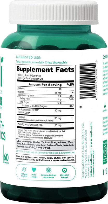 Goli Zero Sugar Pre Pro Postbiotic Gummies - Worlds First 3-in-1 with DE111, XOS, MCC1849 - No Sugar Alcohols - Vegan, Keto-Friendly, Non-GMO
