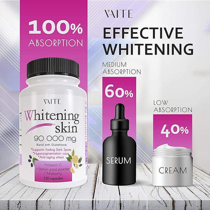 VAITE Glutathione Whitening Pills - Dark Spots & Acne Scar Remover - 90000mg - Vegan Skin Bleaching Pills with Anti-Aging & Antioxidant Effect - 120 Capsules (2 Pack)