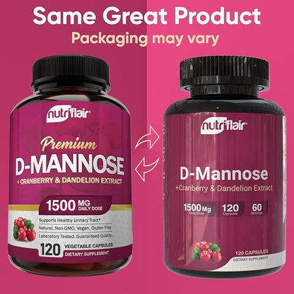 NutriFlair D-Mannose 120 Capsules, 1500mg - with Cranberry and Dandelion Extract - Natural Urinary Tract Health UTI Support - Best D Mannose Powder - Flush Impurities, Detox Body, for Women and Men
