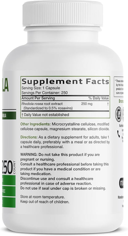 Bronson Rhodiola Rosea Vegetarian Capsules - Adaptogenic Herb - Brain, Stress & Mood Support - Non-GMO, 250 Count