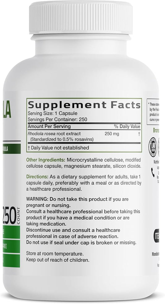 Bronson Rhodiola Rosea Vegetarian Capsules - Adaptogenic Herb - Brain, Stress & Mood Support - Non-GMO, 250 Count