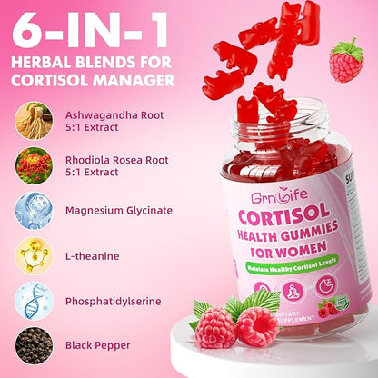2 Pack Cortisol Gummies for Women, Cortisol Supplements Gummies with Magnesium Ashwagandha Rhodiola Rosea and L-theanine Complex for Relaxation and Zzz Support, Raspberry Flavor, 120 Count