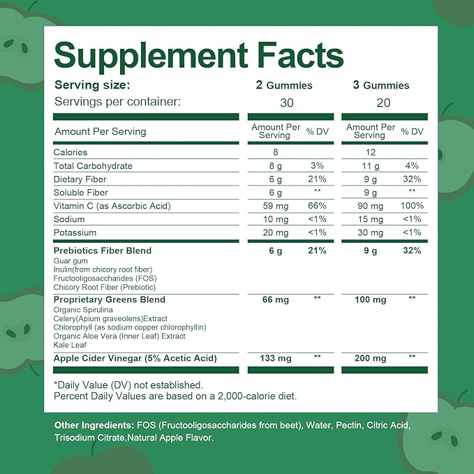 9G Fiber Gummies for Digestive Health & Regularity - No Sugar Added Apple Flavor - Prebiotic Fiber Supplement with Greens - Daily Gummies for Adults, Women & Men - 60CT
