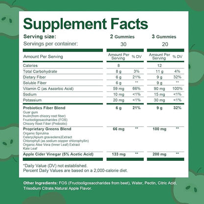 9G Fiber Gummies for Digestive Health & Regularity - No Sugar Added Apple Flavor - Prebiotic Fiber Supplement with Greens - Daily Gummies for Adults, Women & Men - 60CT