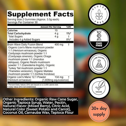Superfood Mushroom Gummies | Delicious Daily Multi Lions Mane Mushroom Gummy Supplement 2,008 mg | Reishi Mushroom + Cordyceps + Turkey Tail + Chaga + Maitake | Mushroom Gummies for Focus and Energy