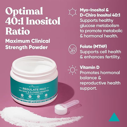 Eu Natural Regulate MAX Myo-Inositol & D-Chiro Inositol Supplement Powder for Women with Vitamin D & Folate Nutritional Support, Hormone Balance & Fertility Support, Unflavored 60 Servings