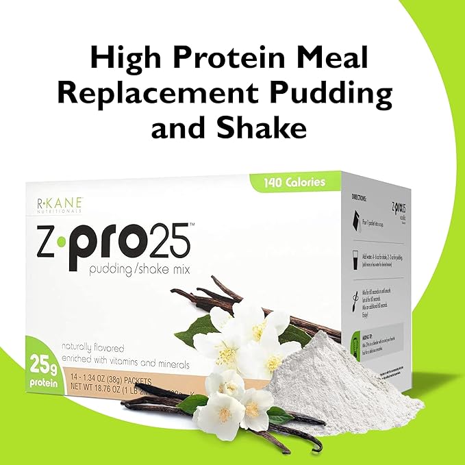 R-Kane Nutritionals Z-Pro Vanilla Protein Drink Mix - High Protein, Low Calorie Low Fat Shake and Pudding Mix - Meal Replacement, On-the-Go Packets - Breakfast Boost - 25g Protein - 14 Packets