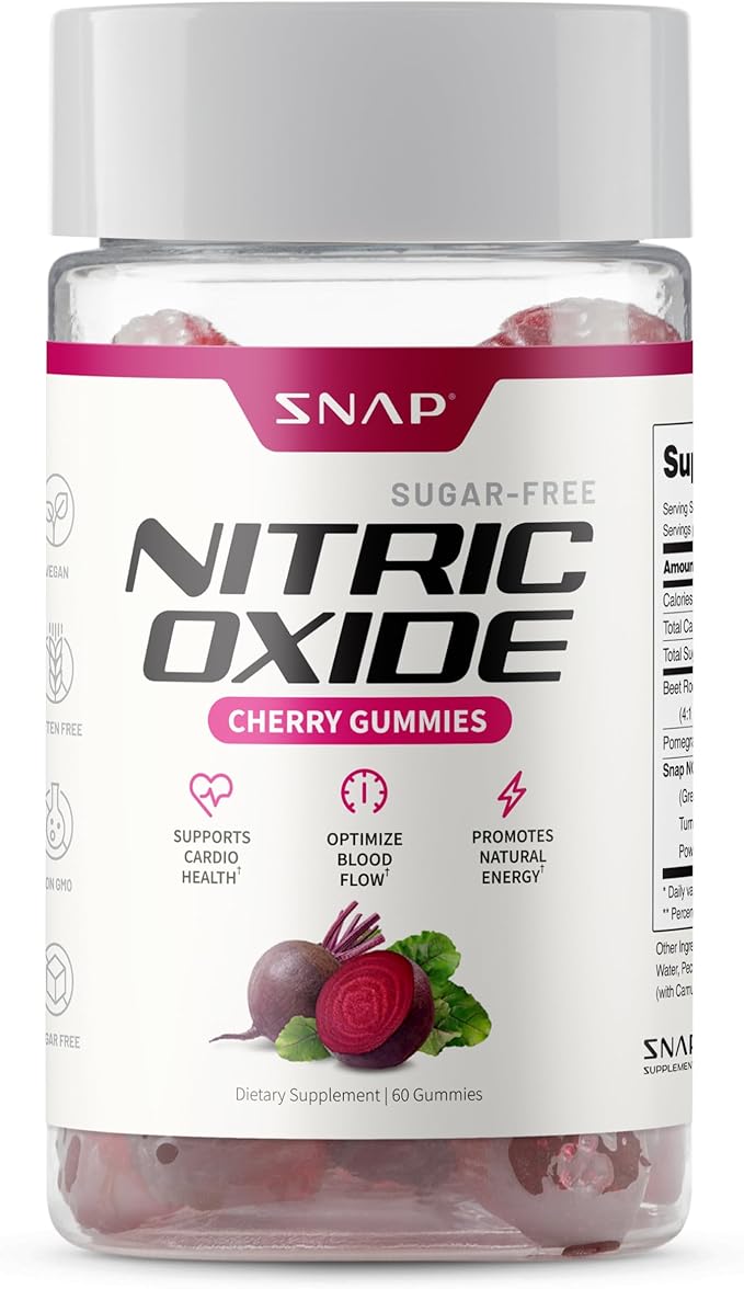 Snap Supplements Nitric Oxide Gummies - Beet Root Extract 300mg, Sugar Free Beetroot Supplement with Pomegranate Powder for Circulation & Natural Energy, 60 Vegan Gummies, Cherry Flavor