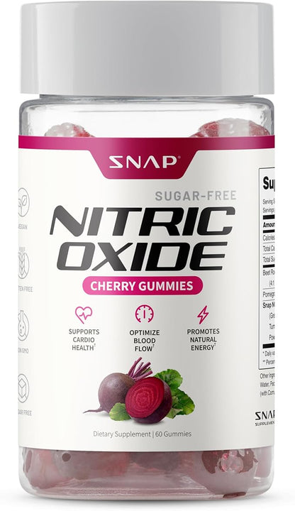 Snap Supplements Nitric Oxide Gummies - Beet Root Extract 300mg, Sugar Free Beetroot Supplement with Pomegranate Powder for Circulation & Natural Energy, 60 Vegan Gummies, Cherry Flavor