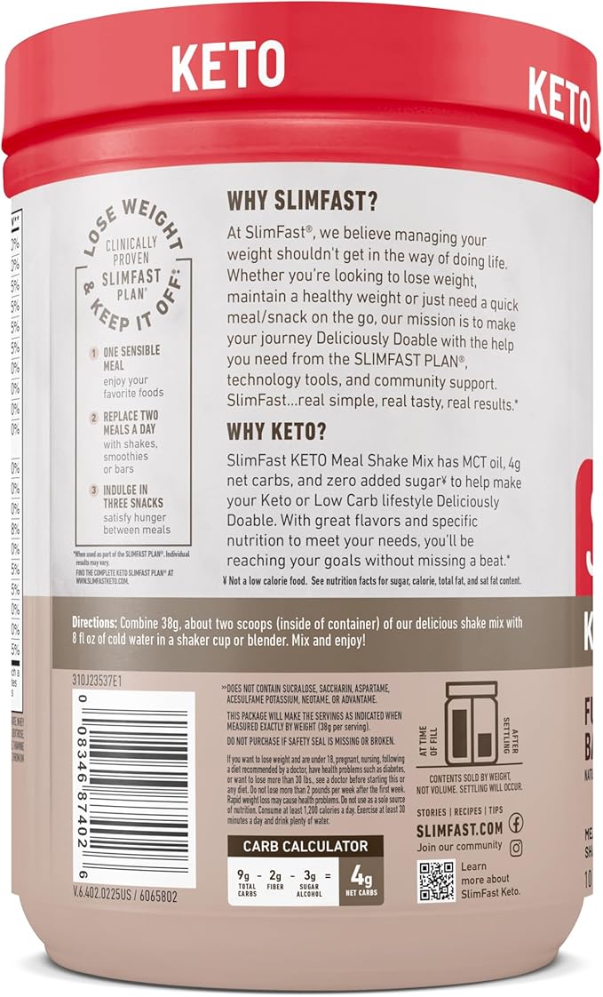 SlimFast Keto Meal Replacement Shake, Fudge Brownie Batter, Low Carb Keto Protein Powder with Collagen & Whey, No Sugar Added, Gluten Free, Weight Loss Support, 10-Serving Canister