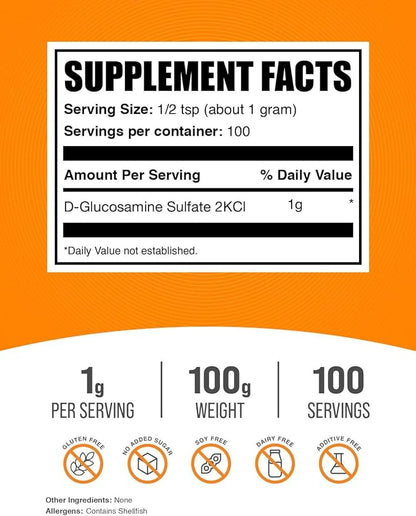 BulkSupplements.com Glucosamine Sulfate Powder - Glucosamine Supplement, Joint Support Supplement - Gluten Free, 1g per Serving, 100g (3.5 oz) (Pack of 1)