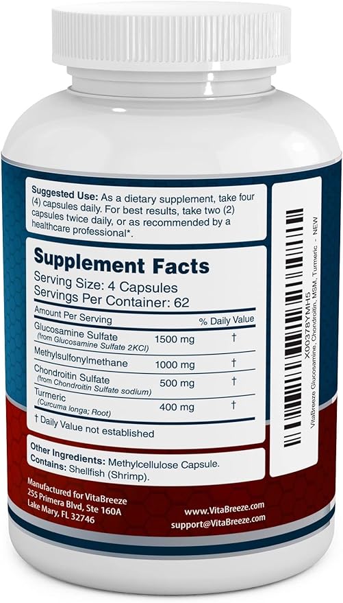 VitaBreeze Glucosamine Chondroitin, MSM & Turmeric Dietary Supplement - 248 Capsules