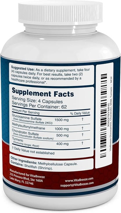 VitaBreeze Glucosamine Chondroitin, MSM & Turmeric Dietary Supplement - 248 Capsules