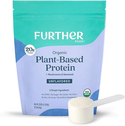 Further Food Organic Vegan Protein Powder Unflavored – 20g Pea Protein with Mushrooms & Seaweed, Non-GMO, Gluten Free, Sugar Free, 20.46 Oz