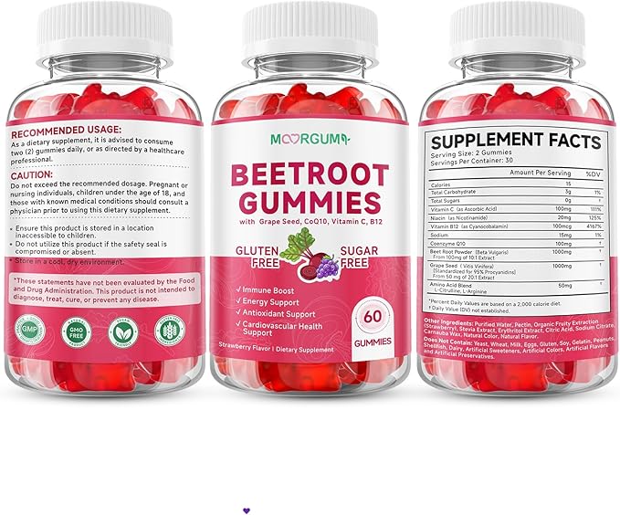 Beetroot Gummies with Grape Seed, Niacin, CoQ10, Vitamin C, B12, L-Citrulline & L-Arginine, Antioxidant Support, Sugar-Free Beet Root Supplement for Women & Men, 120 Count