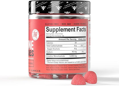 Creatine Monohydrate Gummies, 5g Creatine per Serving, Sugar-Free Creatine Supplement for Strength, Lean Muscle & Cognitive Support, Sour Strawberry, 120 Gummies