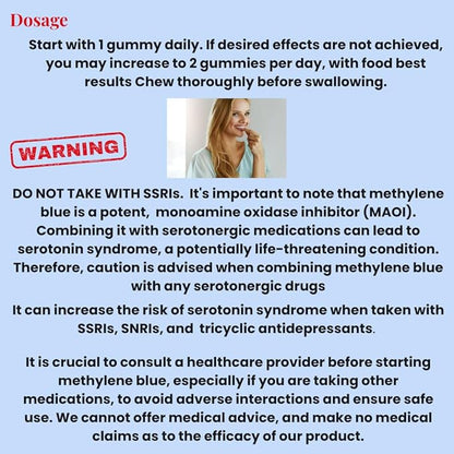 Methylene Blue Gummies 12mg Made in USA Cognitive Support w/Added Vitamin C, NAD,L Methylfolate, Methylcobalamin b12, Mitochondrial Support, Brain Health & Focus, Clarity, methylated Vitamins