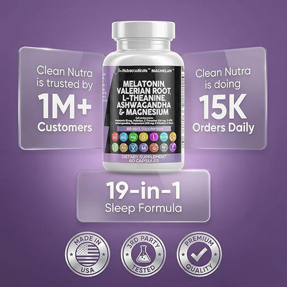 Clean Nutraceuticals Melatonin 10mg Valerian Root L Theanine 200mg Ashwagandha - Sleep Support for Women & Men with Magnesium Complex, Lemon Balm, Chamomile, & Passion Flower - 60 Caps