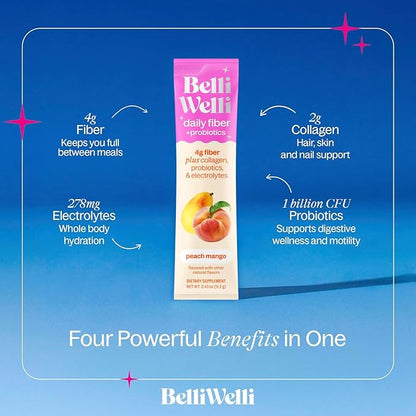 Belli Welli Fiber Supplement, Probiotics Fiber Powder Travel Pack for Women with Collagen & Electrolytes for Daily Gut Health & Debloating, Peach Mango, 10 Packets