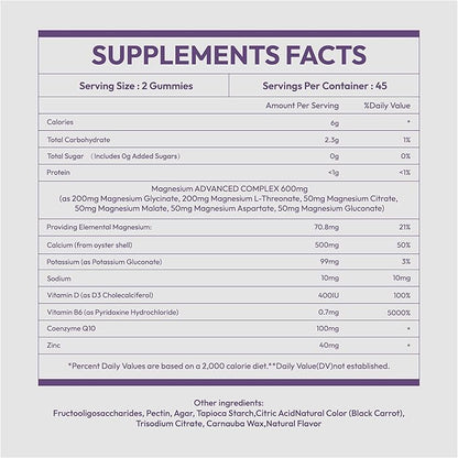 Magnesium Complex 14 in 1 Magnesium Gummies 90 Sugar-Free,Glycinate L-Threonate,Calcium,Coenzyme Q10,Vitamin B6,D3,Magnesium Supplement for Adults