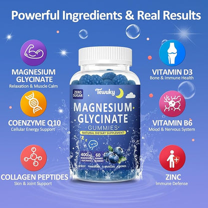 Magnesium Glycinate Gummies 400mg - Sugar Free Vegan Gummies for Adults & Kids with Vitamin D3, B6, C, CoQ10, Collagen, Zinc - Sleep, Muscle, Bone & Memory Support - 60 Blueberry Chewables / 2 Pack
