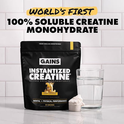 Gains in Bulk Instantized Creatine Monohydrate for Men & Women, Soluble Pre Workout Powder, Supports Muscle Building, Strength and Performance, Bodybuilding Supplements, Sweet Lemonade, 30 Servings