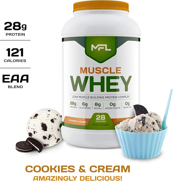 MFL Muscle Whey Protein l 28g of Protein l 8g BCAAs l Keto Friendly l Low Carbs l 2 lbs (Cookies and Cream)