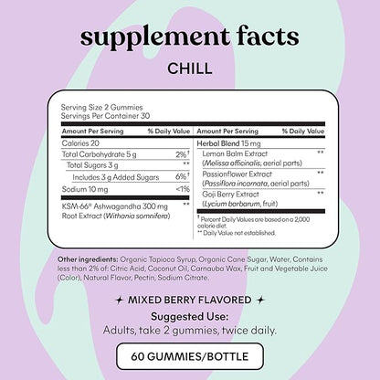 Lemme Chill Stress Relief Gummies with 300mg KSM-66 Ashwagandha, Lemon Balm, Passionflower & Goji to Support Relaxation, Healthy Cortisol & Sleep - Gluten-Free, Non-GMO, Mixed Berry (60 Count)