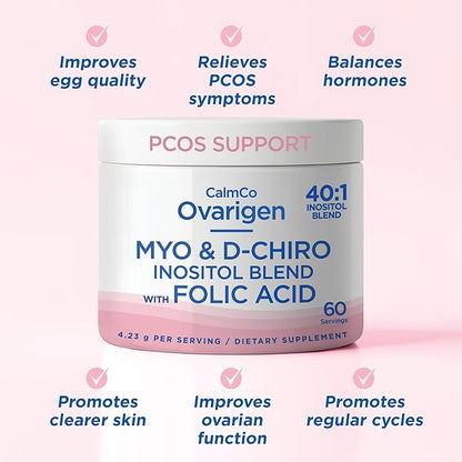CalmCo Ovarigen Myo-Inositol & D-Chiro Inositol Supplement for Women – 40:1 Inositol Powder with Folic Acid, Fertility Supplements for PCOS, Hormone Balance and Ovarian Support (60 Servings)